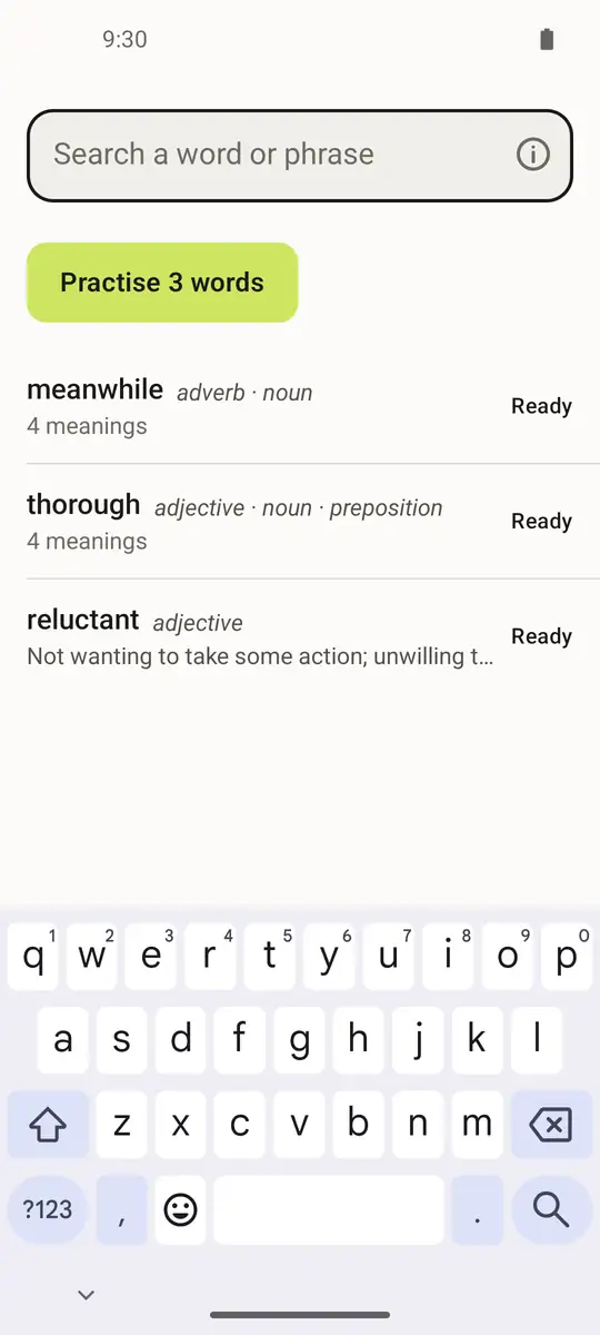 In the app, “take” is looked up, its entry jumps to its phrases, “take over” opens, and practice asks what “meanwhile” means.